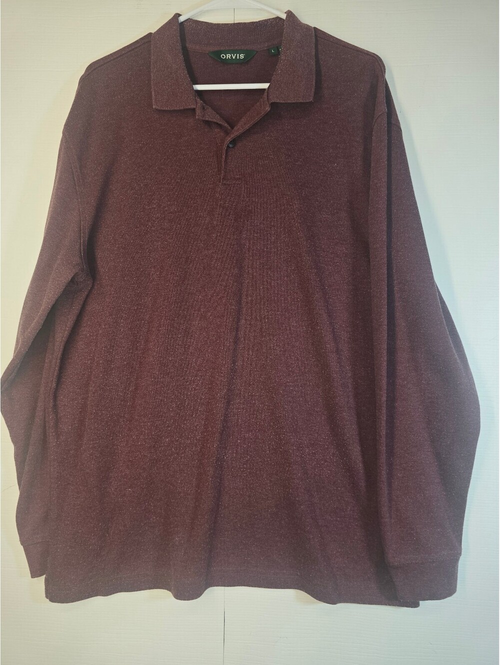Orvis Mens Large Burgundy Maroon Long Sleeve Polo Shirt Cotton Made In Peru